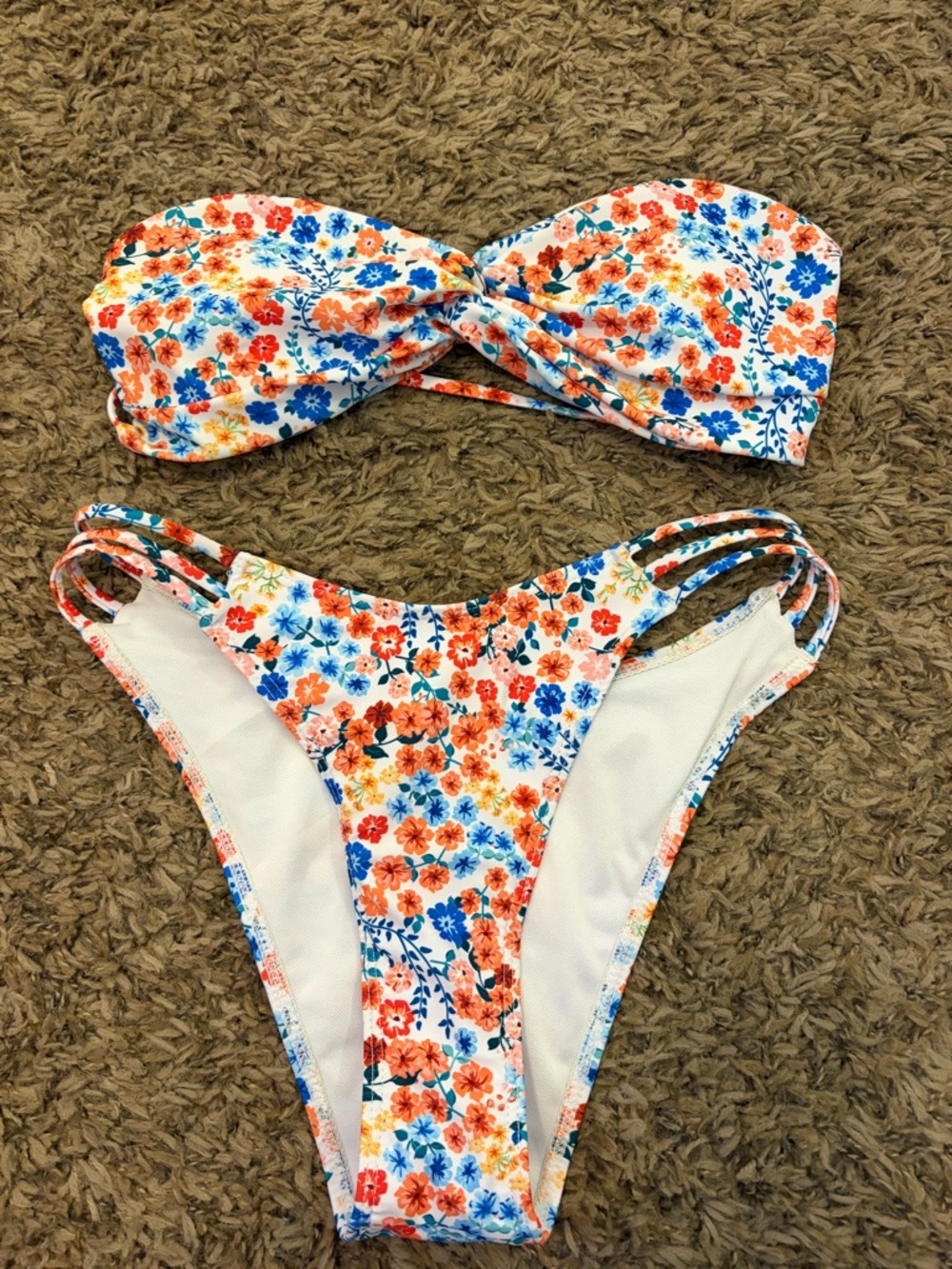 Hello Molly White Floral Bandeau Bikini with Orange & Blue Flowers